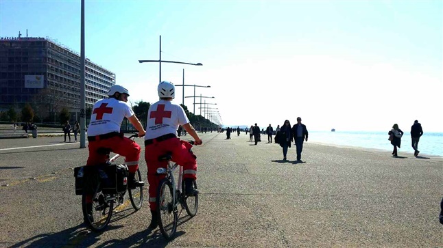 Volunteers Samaritans Rescuers in bicycle patrols in Thessaloniki