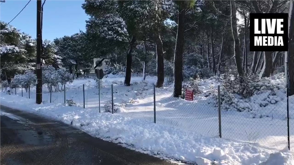 Στα λευκά η Εκάλη με δυσκολία η κυκλοφορία στους δρόμους. 