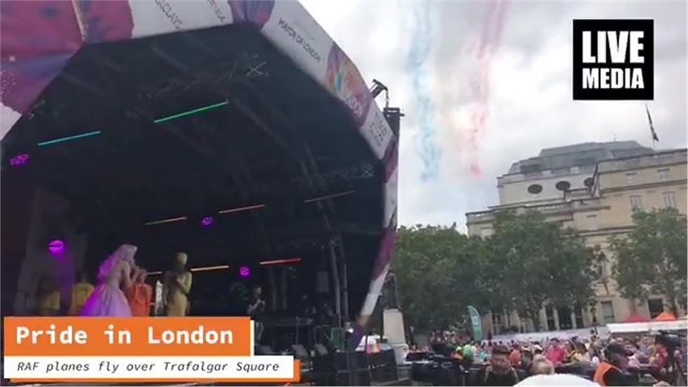 RAF planes fly over Trafalgar Square during Pride in London....